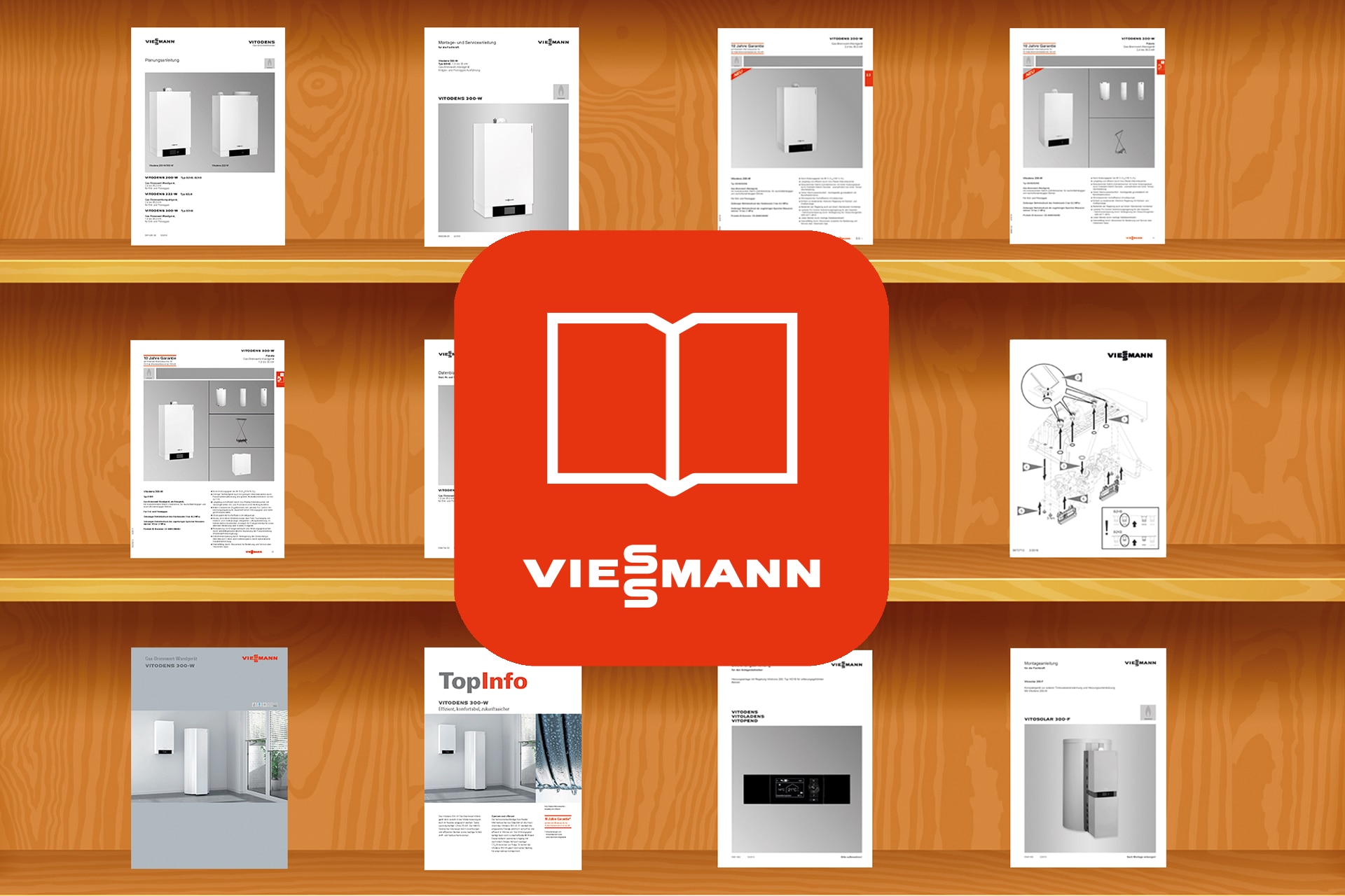 Viessmann broşürleri bir rafta açıkça düzenlenmiştir